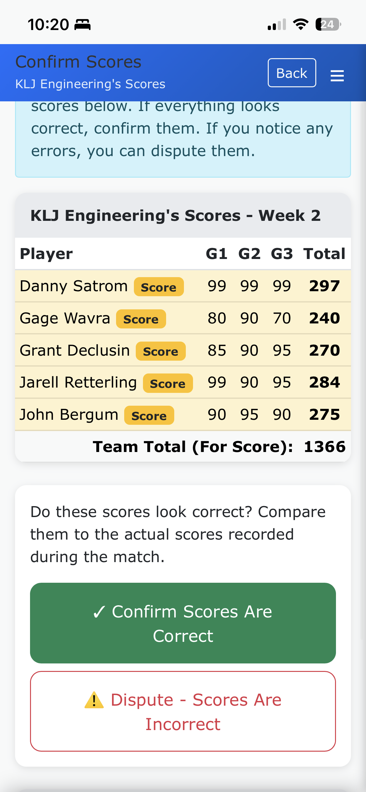 Final results screen